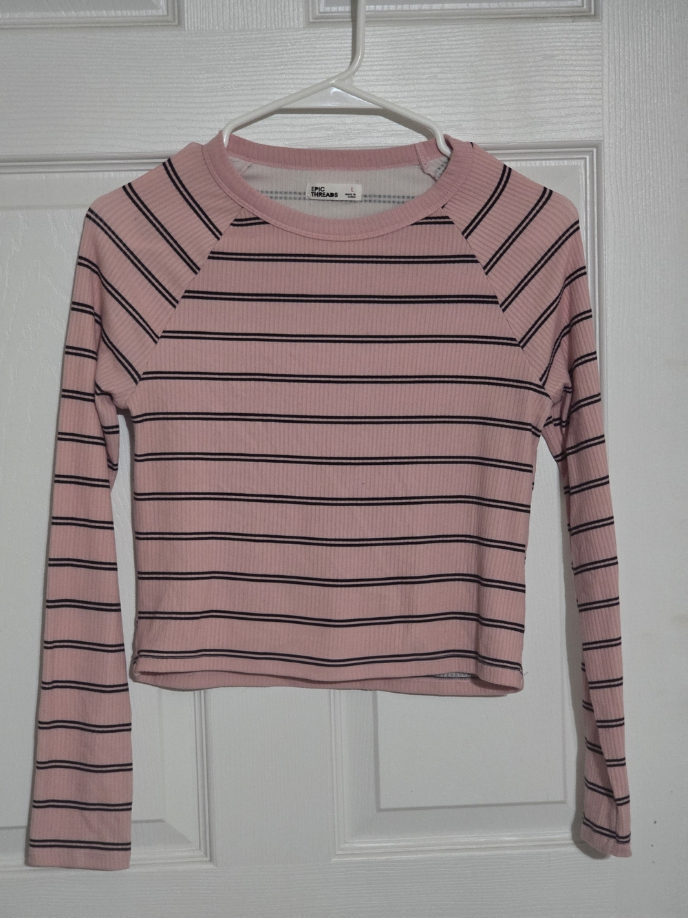 Epic Threads Pink and Black Striped Ribbed Long-Sleeve Top